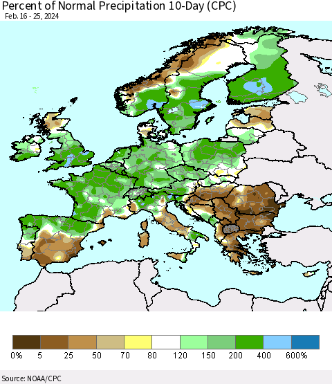 Europe Percent of Normal Precipitation 10-Day (CPC) Thematic Map For 2/16/2024 - 2/25/2024