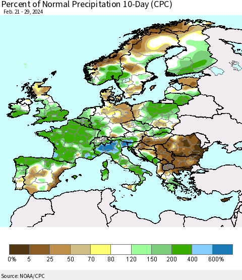 Europe Percent of Normal Precipitation 10-Day (CPC) Thematic Map For 2/21/2024 - 2/29/2024