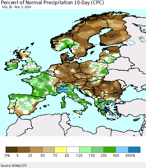 Europe Percent of Normal Precipitation 10-Day (CPC) Thematic Map For 2/26/2024 - 3/5/2024