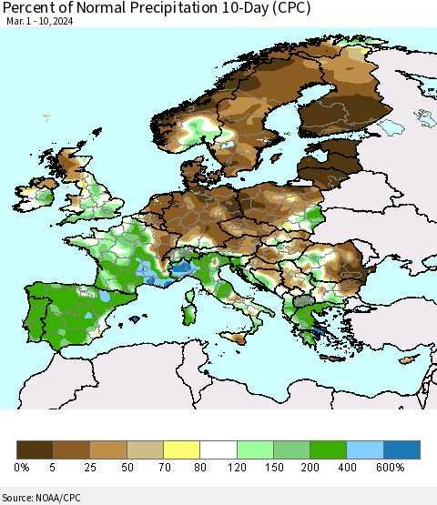 Europe Percent of Normal Precipitation 10-Day (CPC) Thematic Map For 3/1/2024 - 3/10/2024