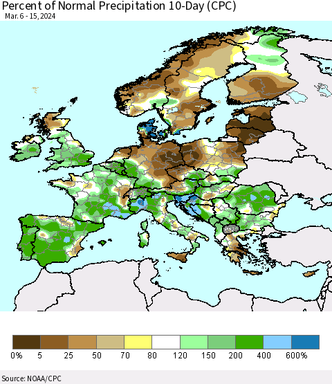Europe Percent of Normal Precipitation 10-Day (CPC) Thematic Map For 3/6/2024 - 3/15/2024