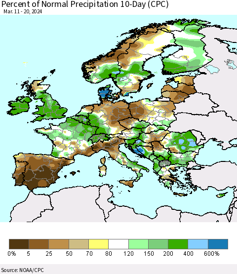 Europe Percent of Normal Precipitation 10-Day (CPC) Thematic Map For 3/11/2024 - 3/20/2024