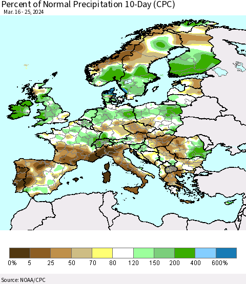 Europe Percent of Normal Precipitation 10-Day (CPC) Thematic Map For 3/16/2024 - 3/25/2024