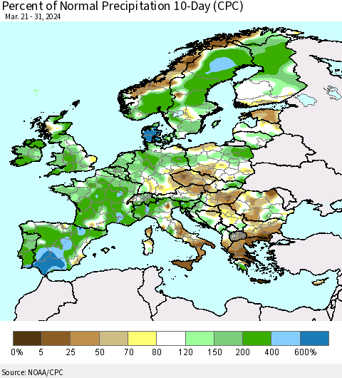Europe Percent of Normal Precipitation 10-Day (CPC) Thematic Map For 3/21/2024 - 3/31/2024