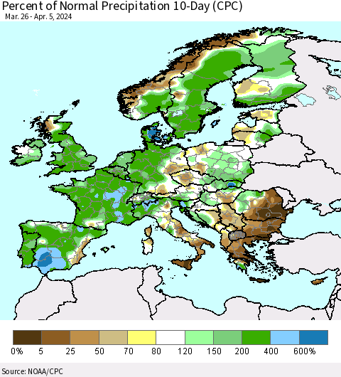 Europe Percent of Normal Precipitation 10-Day (CPC) Thematic Map For 3/26/2024 - 4/5/2024