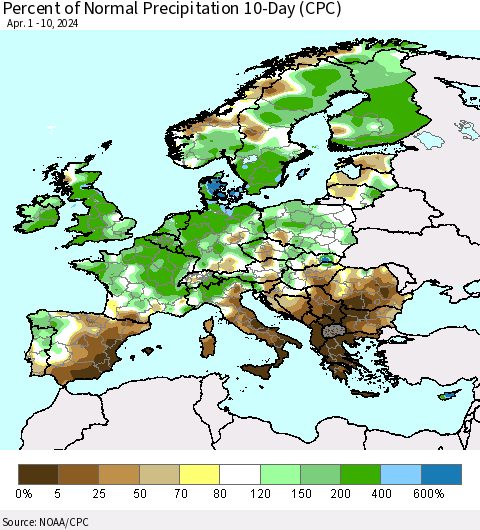 Europe Percent of Normal Precipitation 10-Day (CPC) Thematic Map For 4/1/2024 - 4/10/2024