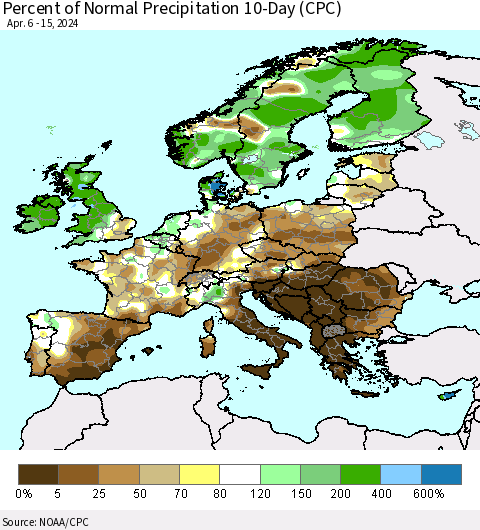 Europe Percent of Normal Precipitation 10-Day (CPC) Thematic Map For 4/6/2024 - 4/15/2024