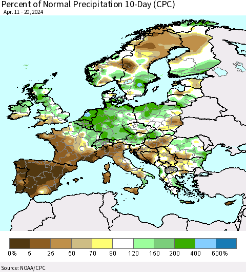 Europe Percent of Normal Precipitation 10-Day (CPC) Thematic Map For 4/11/2024 - 4/20/2024