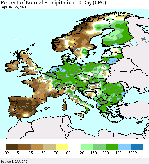 Europe Percent of Normal Precipitation 10-Day (CPC) Thematic Map For 4/16/2024 - 4/25/2024