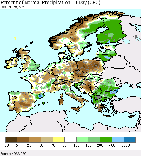 Europe Percent of Normal Precipitation 10-Day (CPC) Thematic Map For 4/21/2024 - 4/30/2024