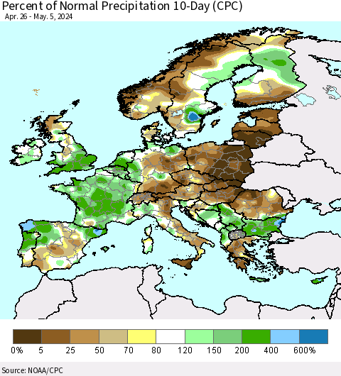 Europe Percent of Normal Precipitation 10-Day (CPC) Thematic Map For 4/26/2024 - 5/5/2024