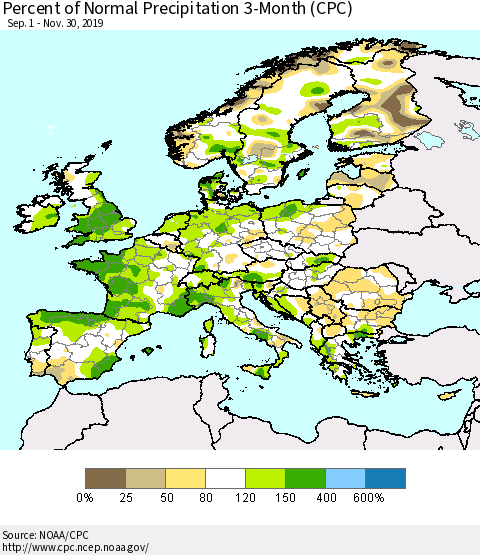 Europe Percent of Normal Precipitation 3-Month (CPC) Thematic Map For 9/1/2019 - 11/30/2019