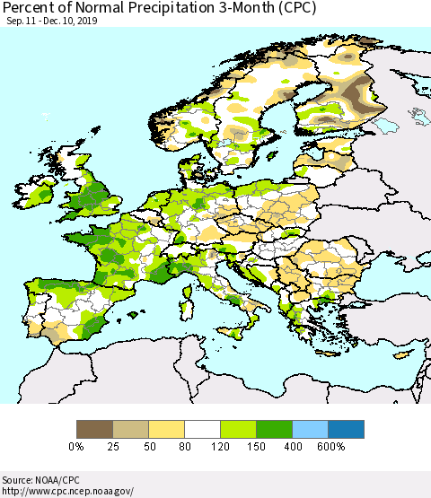 Europe Percent of Normal Precipitation 3-Month (CPC) Thematic Map For 9/11/2019 - 12/10/2019
