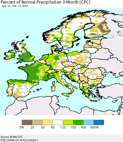 Europe Percent of Normal Precipitation 3-Month (CPC) Thematic Map For 9/16/2019 - 12/15/2019