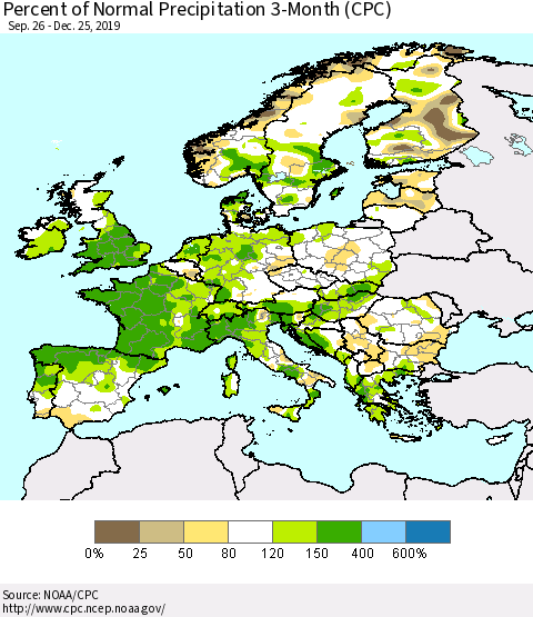 Europe Percent of Normal Precipitation 3-Month (CPC) Thematic Map For 9/26/2019 - 12/25/2019