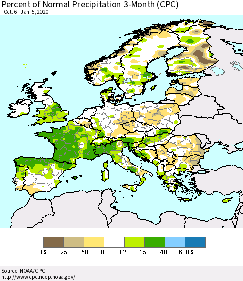 Europe Percent of Normal Precipitation 3-Month (CPC) Thematic Map For 10/6/2019 - 1/5/2020