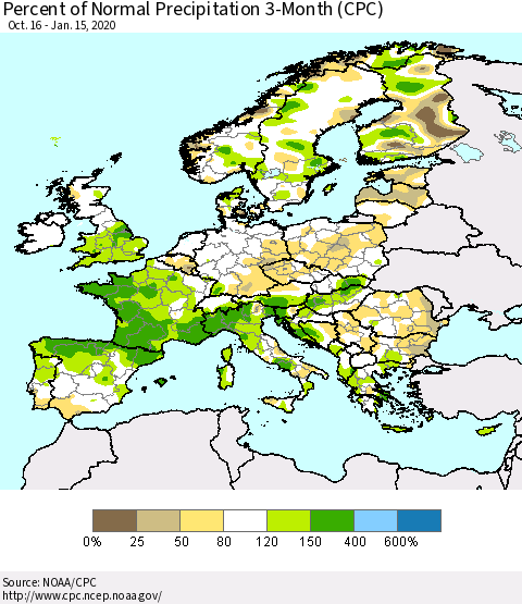 Europe Percent of Normal Precipitation 3-Month (CPC) Thematic Map For 10/16/2019 - 1/15/2020
