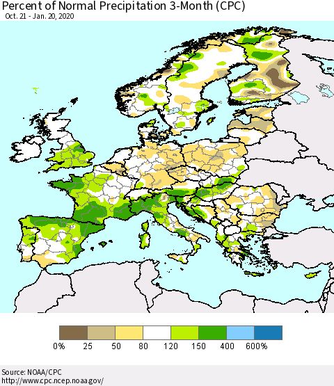 Europe Percent of Normal Precipitation 3-Month (CPC) Thematic Map For 10/21/2019 - 1/20/2020