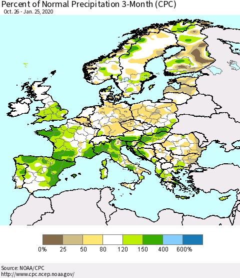 Europe Percent of Normal Precipitation 3-Month (CPC) Thematic Map For 10/26/2019 - 1/25/2020