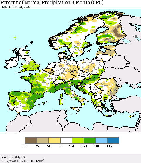 Europe Percent of Normal Precipitation 3-Month (CPC) Thematic Map For 11/1/2019 - 1/31/2020