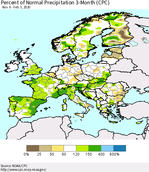 Europe Percent of Normal Precipitation 3-Month (CPC) Thematic Map For 11/6/2019 - 2/5/2020