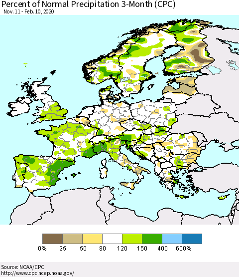 Europe Percent of Normal Precipitation 3-Month (CPC) Thematic Map For 11/11/2019 - 2/10/2020