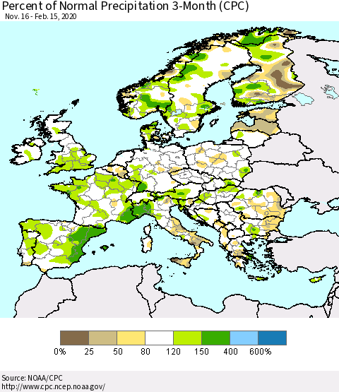 Europe Percent of Normal Precipitation 3-Month (CPC) Thematic Map For 11/16/2019 - 2/15/2020