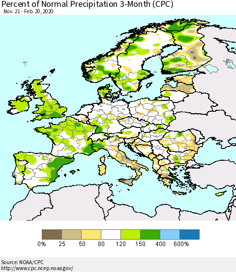Europe Percent of Normal Precipitation 3-Month (CPC) Thematic Map For 11/21/2019 - 2/20/2020