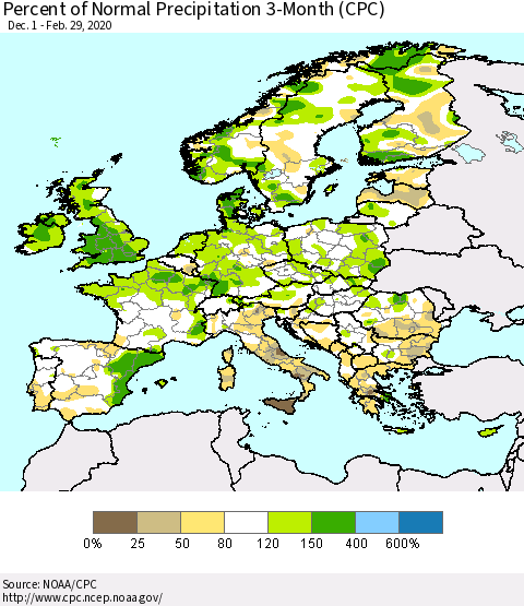 Europe Percent of Normal Precipitation 3-Month (CPC) Thematic Map For 12/1/2019 - 2/29/2020