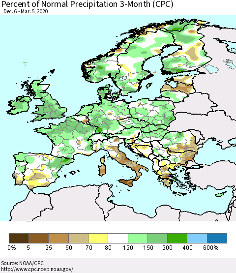 Europe Percent of Normal Precipitation 3-Month (CPC) Thematic Map For 12/6/2019 - 3/5/2020