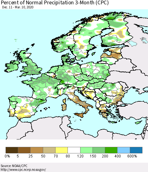 Europe Percent of Normal Precipitation 3-Month (CPC) Thematic Map For 12/11/2019 - 3/10/2020