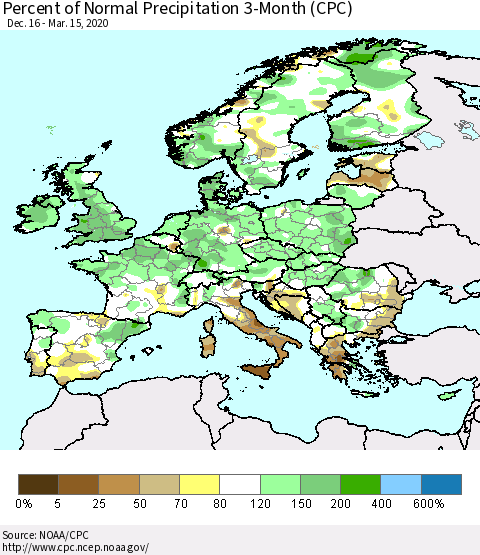 Europe Percent of Normal Precipitation 3-Month (CPC) Thematic Map For 12/16/2019 - 3/15/2020