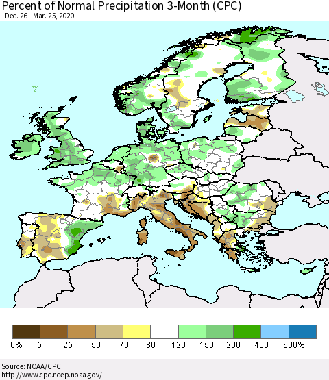 Europe Percent of Normal Precipitation 3-Month (CPC) Thematic Map For 12/26/2019 - 3/25/2020