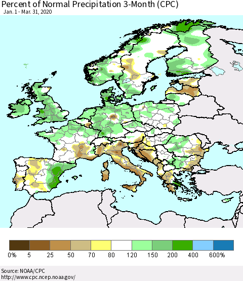 Europe Percent of Normal Precipitation 3-Month (CPC) Thematic Map For 1/1/2020 - 3/31/2020