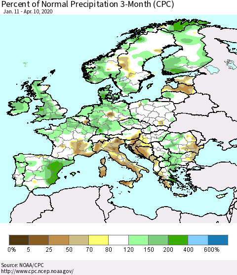 Europe Percent of Normal Precipitation 3-Month (CPC) Thematic Map For 1/11/2020 - 4/10/2020