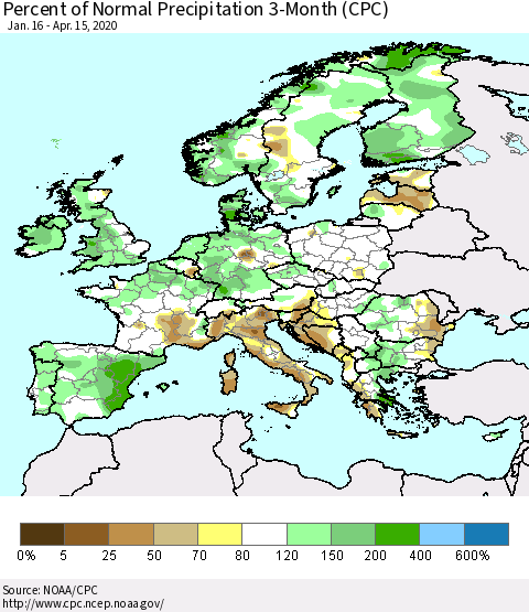 Europe Percent of Normal Precipitation 3-Month (CPC) Thematic Map For 1/16/2020 - 4/15/2020