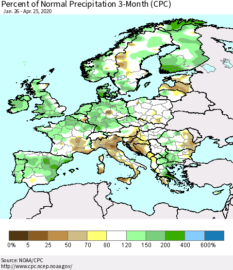 Europe Percent of Normal Precipitation 3-Month (CPC) Thematic Map For 1/26/2020 - 4/25/2020