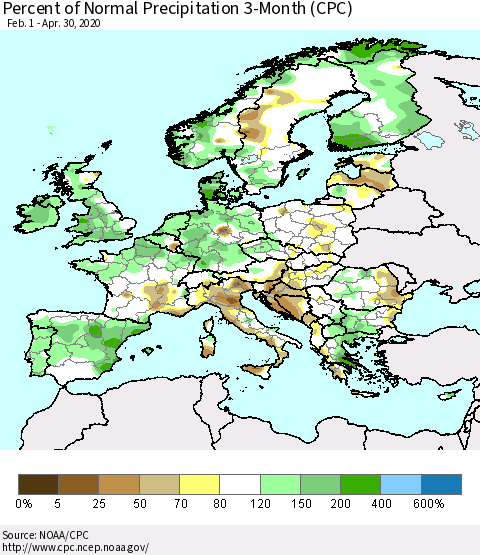 Europe Percent of Normal Precipitation 3-Month (CPC) Thematic Map For 2/1/2020 - 4/30/2020