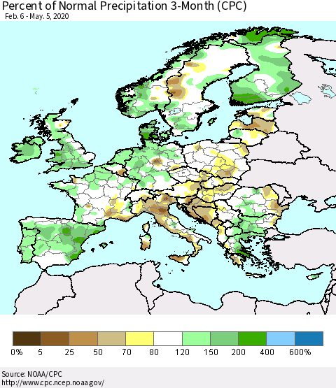 Europe Percent of Normal Precipitation 3-Month (CPC) Thematic Map For 2/6/2020 - 5/5/2020