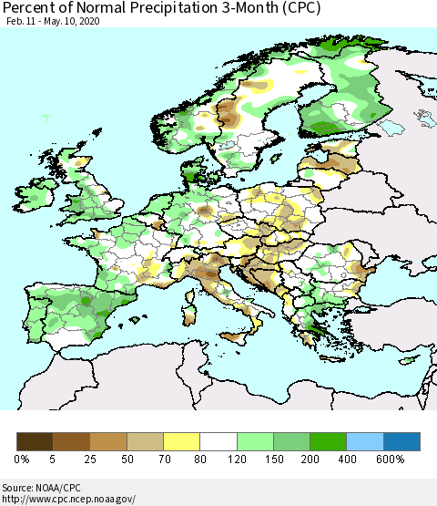 Europe Percent of Normal Precipitation 3-Month (CPC) Thematic Map For 2/11/2020 - 5/10/2020