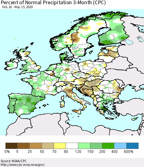 Europe Percent of Normal Precipitation 3-Month (CPC) Thematic Map For 2/16/2020 - 5/15/2020