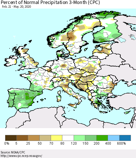Europe Percent of Normal Precipitation 3-Month (CPC) Thematic Map For 2/21/2020 - 5/20/2020