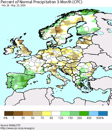Europe Percent of Normal Precipitation 3-Month (CPC) Thematic Map For 2/26/2020 - 5/25/2020