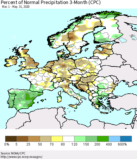 Europe Percent of Normal Precipitation 3-Month (CPC) Thematic Map For 3/1/2020 - 5/31/2020