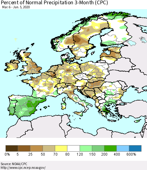 Europe Percent of Normal Precipitation 3-Month (CPC) Thematic Map For 3/6/2020 - 6/5/2020