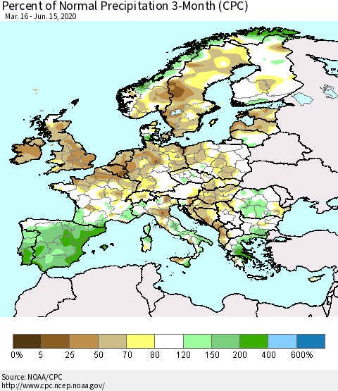 Europe Percent of Normal Precipitation 3-Month (CPC) Thematic Map For 3/16/2020 - 6/15/2020
