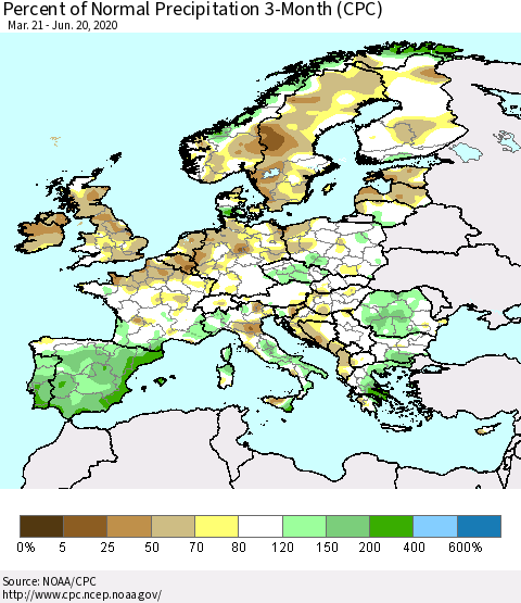 Europe Percent of Normal Precipitation 3-Month (CPC) Thematic Map For 3/21/2020 - 6/20/2020