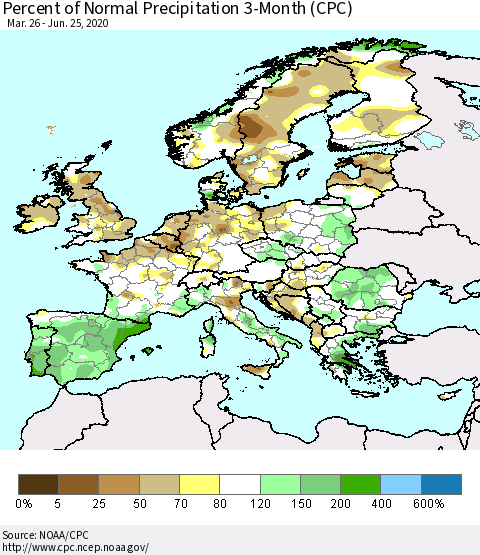 Europe Percent of Normal Precipitation 3-Month (CPC) Thematic Map For 3/26/2020 - 6/25/2020