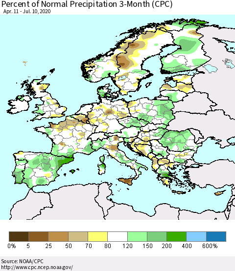 Europe Percent of Normal Precipitation 3-Month (CPC) Thematic Map For 4/11/2020 - 7/10/2020