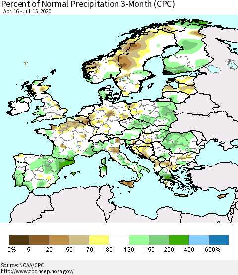 Europe Percent of Normal Precipitation 3-Month (CPC) Thematic Map For 4/16/2020 - 7/15/2020